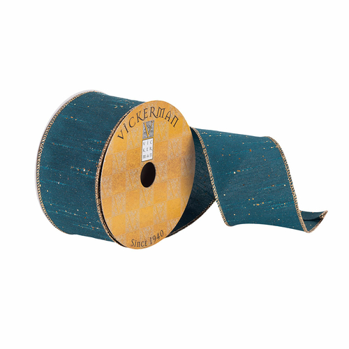 Vickerman Q180881 2.5 in. x 10 Yards Teal Dupioni Ribbon Gold Flecks 