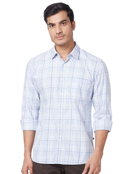 Slim Fit Checkered Light Fawn Shirt (Size-L)(Color-BLUE)