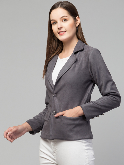 Women Classic Essential Linen Lapel Suede Jacket (Color Grey) (Size M)