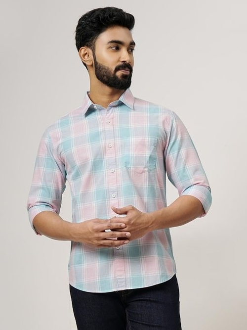 Pink Cotton Checked Slim Fit Casual Shirt (Size-L)(Color-PINK&BLUE)