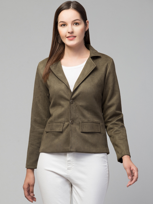 Women Classic Essential Linen Lapel Suede Jacket (Color Olive) (Size