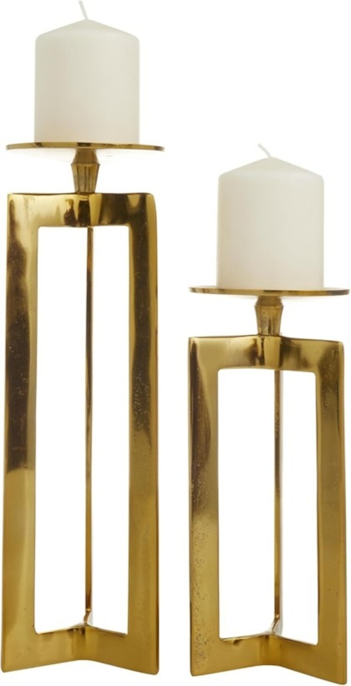 Aluminum Geometric Pillar Candle Holder, Set of 2 14", 10"H, Gold