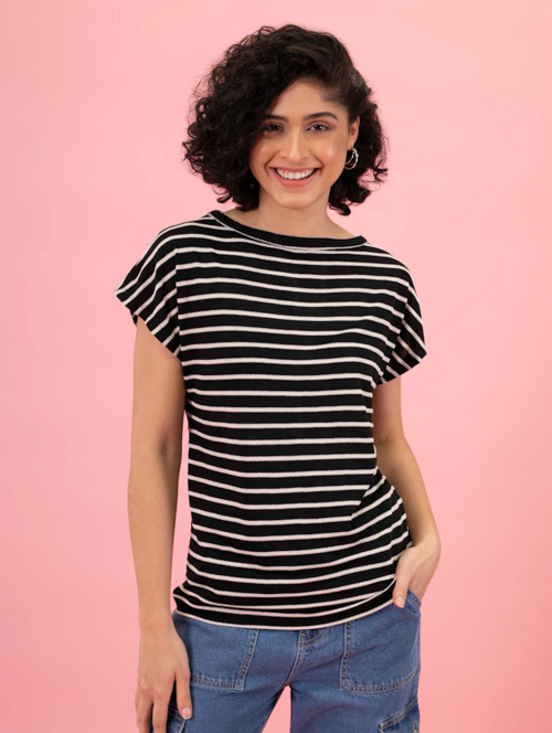 Women's Striped Crew Neck T-Shirt(SizeXL)(ColorBlack)