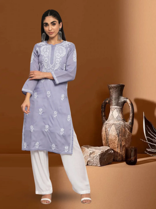 Hand EMBROIDERED STYLISH Chikankari Cotton Straight Kurta (Size-S)