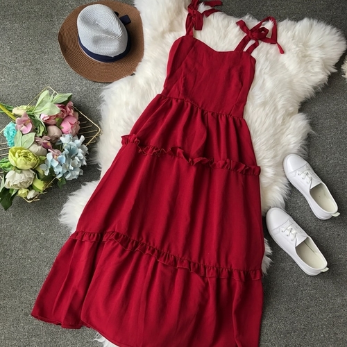 Women Chiffon Dress Solid Spaghetti Strap