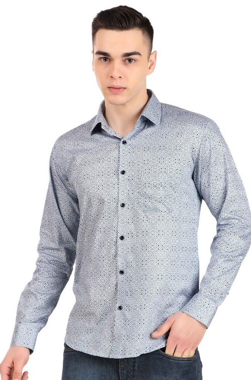 Men Classic Spread Collar Abstract Printed Cotton Slim Fit Formal