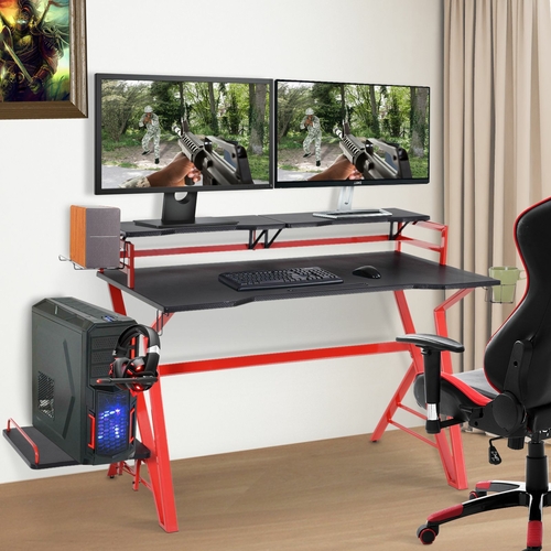 HOMCOM Computer PC Table Gaming Desk with 2 Monitor Stand Cup Holder