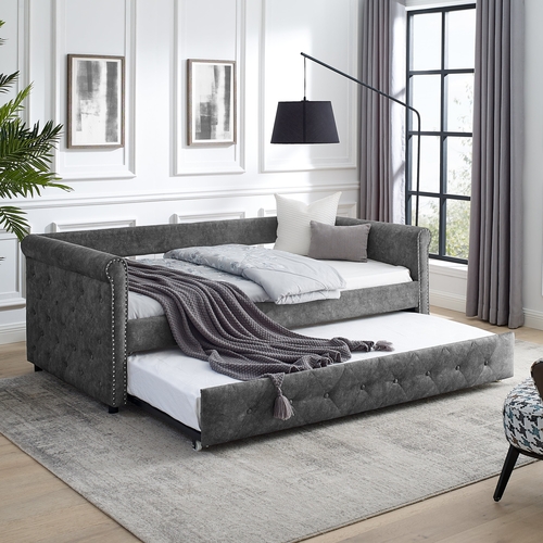 Daybed with Trundle Upholstered Tufted Sofa Bed,with Button and Copper