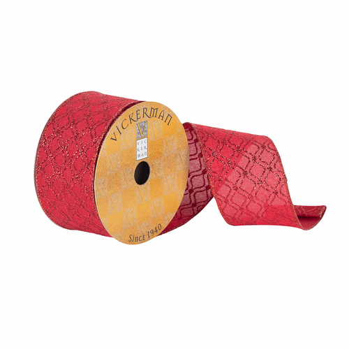 Vickerman Q180725 2.5 in. x 10 Yards Red Glitter Reverse Clover Ribbon