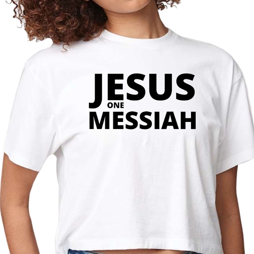 Womens Cropped Graphic T-shirt - Jesus one Messiah Black Illustration