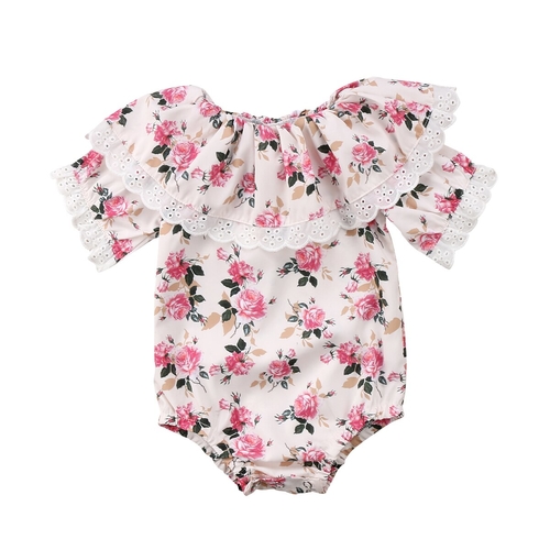 Beige Short Sleeve Ruffle Flowers Newborn