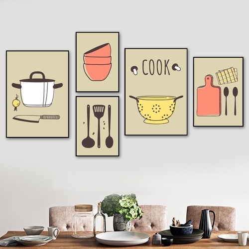 Cartoon Bowl Spoon Pot Cooking Wall Art Canvas