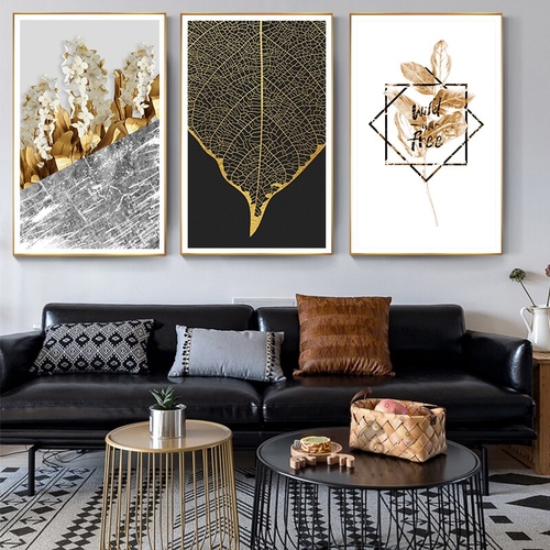 Nordic Golden Flowers Leaf Canvas Painting Poster