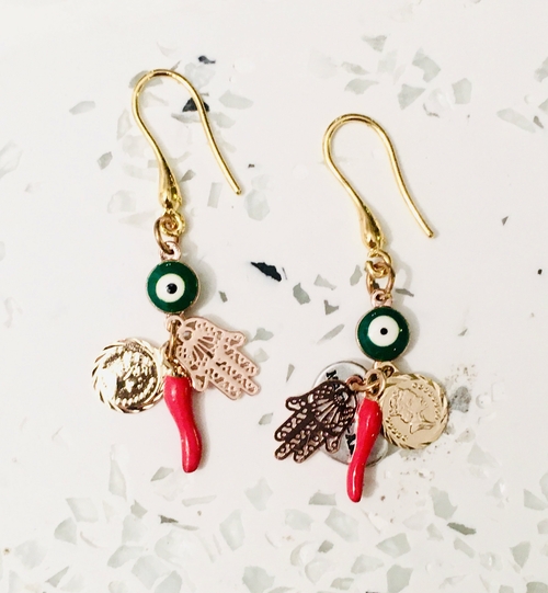 Red Horn and Evil Eye Earrings - Talisman Earrings