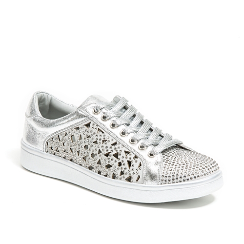 Low Top Laser Cut Sneaker Shoes with Rhinestones, Silver - Size 39