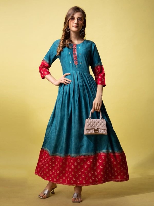 Printed Anarkali Kurta for Women (Size-38) (Color-TUQUOISE)