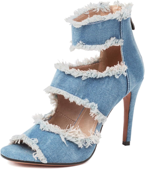 Denim Peep Toe Heeled Sandals for Women