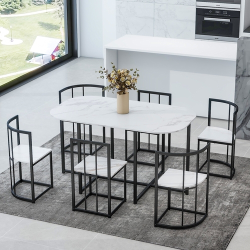 Modern 7-Piece Dining Table Set with Faux Marble Compact 55Inch