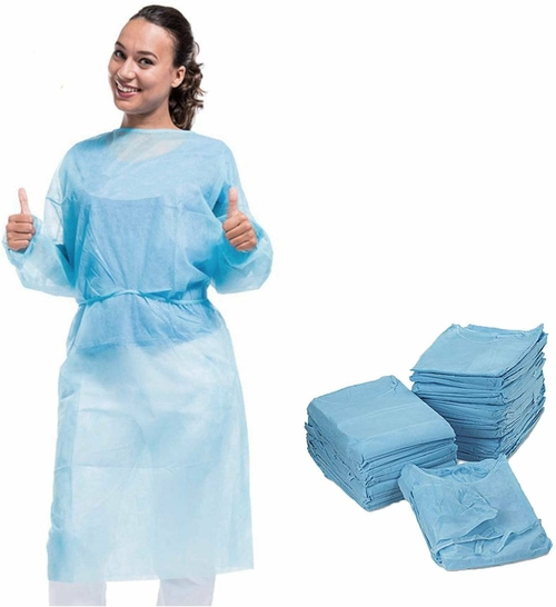 Disposable Isolation Gowns 45" Long. Pack of 10 Blue Polypropylene 30