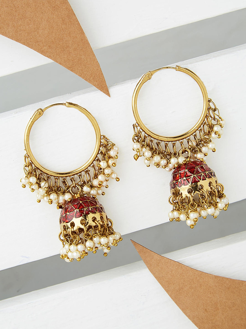 White Beads Red Enamelled Gold Plated Hoop Jhumka Earring
