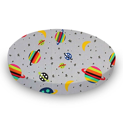 SheetWorld Fitted Round Crib Sheet - 100% Cotton Woven - Planets Gray,