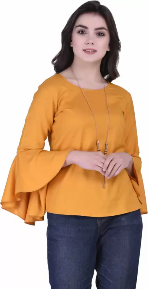 Bell Sleeves Solid Women Top (Size-L) MUSTARD)