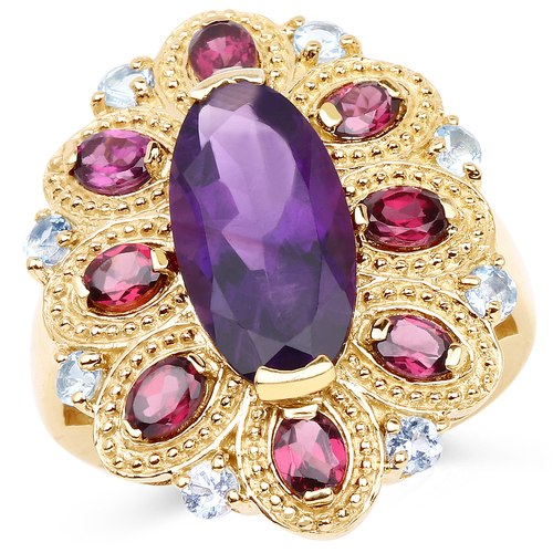 14K Yellow Gold Plated 6.80 Carat Genuine Amethyst, Rhodolite & Blue