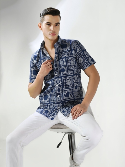 Blue & Off White Bandana Printed Casual Shirt (Size-L) (Color-BLUE)