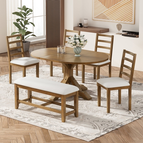 Farmhouse 6-Piece 60inch Extendable Pedestal Dining Table Set with