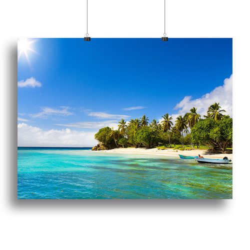 Art Caribbean beach with fishing boat Canvas Print or Poster