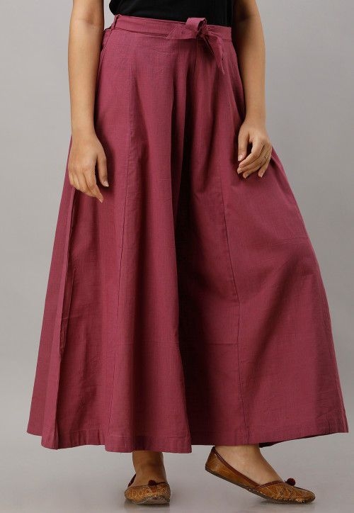 Solid Color Cotton Slub Flared Palazzo in Dark Old Rose (Size-32)