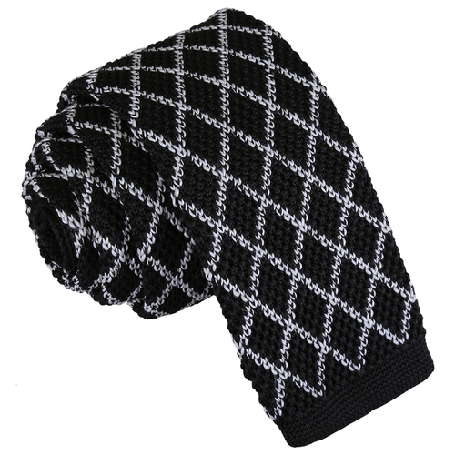 Diamond Grid Knitted Skinny Tie - White & Black