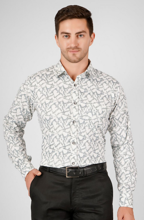 Men Relaxed Slim Fit Opaque Printed Party Shirt (Color White) (Size