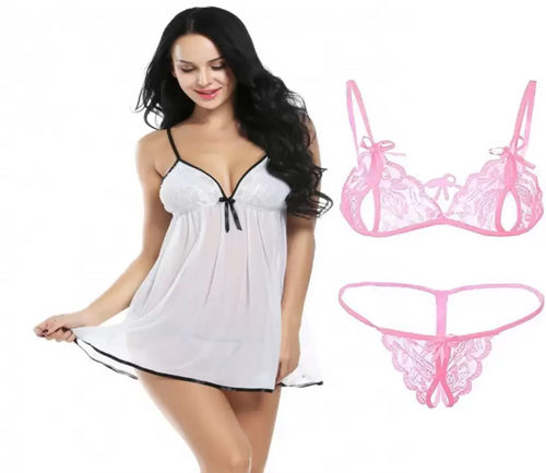 Women's Bra & Panty Set Self Design White, Pink Lingerie Set (Size 36)