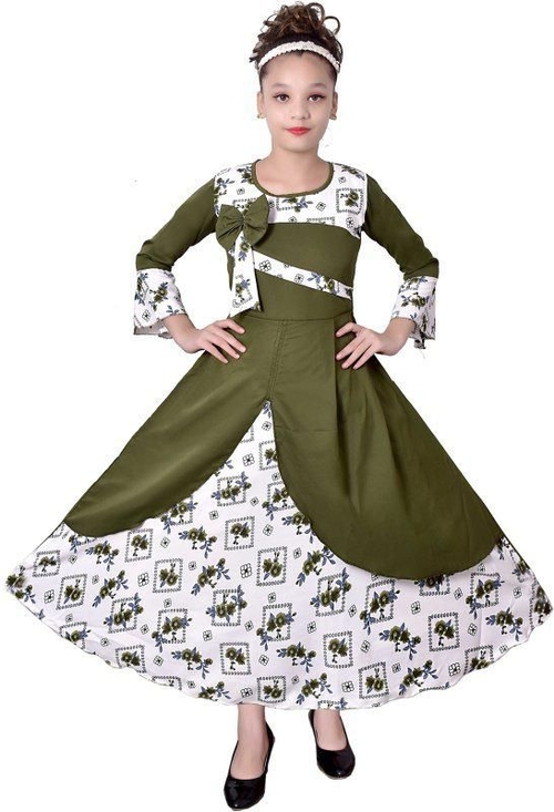Girls A-Line Maxi Dress PARTYWEAR GOWN (Size-8YEAR) (Color-GREEN)