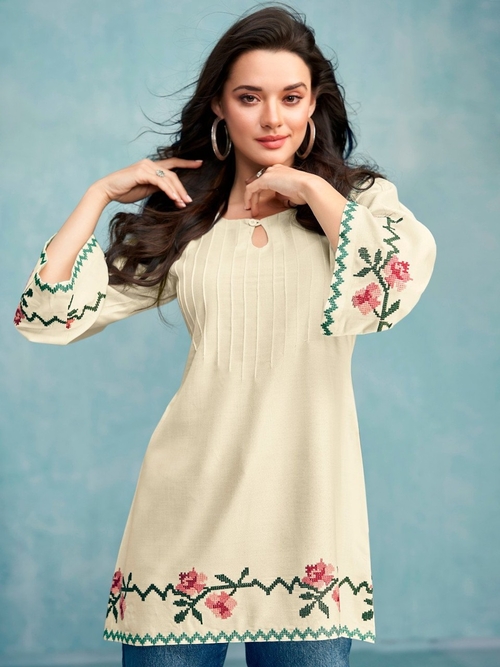 Women Hole Neck Rayon Embroidered Tunic (Color Cream) (Size L)