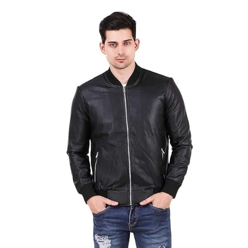 Men's Solid Winter Collarless Leather Jacket (Size-XL) (Color-BLACK)