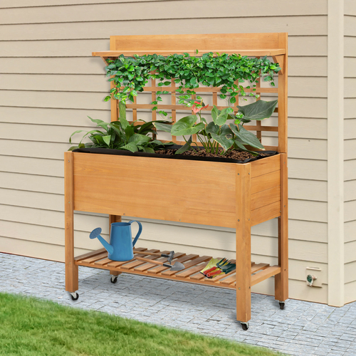 Outsunny Wooden Planter Raised Elevated Garden Bed with Shelf and