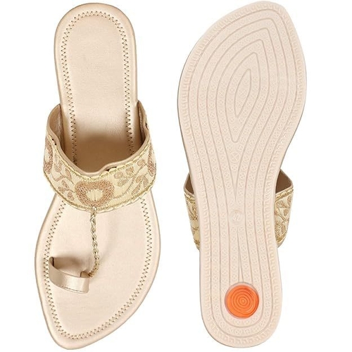 Women Sandals Ethnic Embroidered Girls Slippers (Size-32) (Color-GOLD)