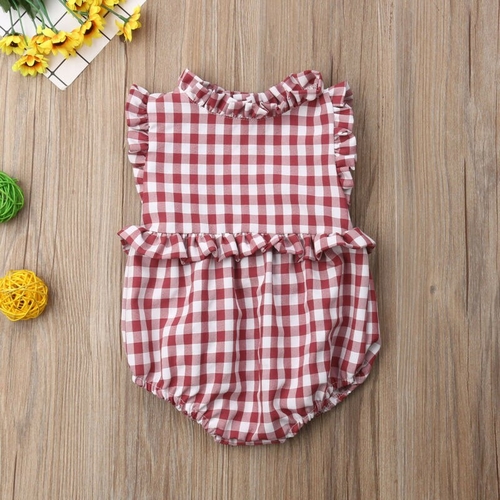 Newborn Baby Girl Ruffle Plaid Sleeveless Romper