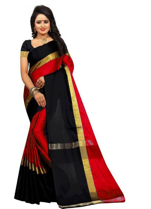 Black And Red Color Cottn Silk  Saree