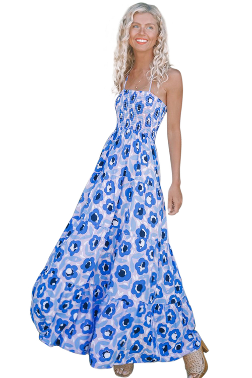 Sky Blue Summer Bohemian Printed Holiday Maxi Dress