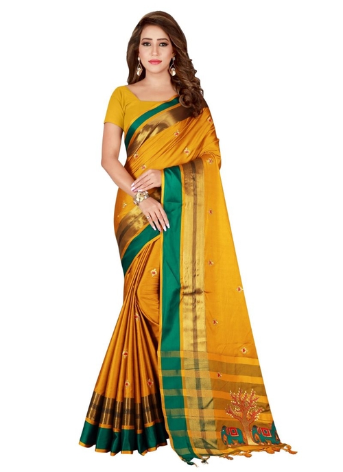 Generic Women's Cotton Blend Saree with Blouse