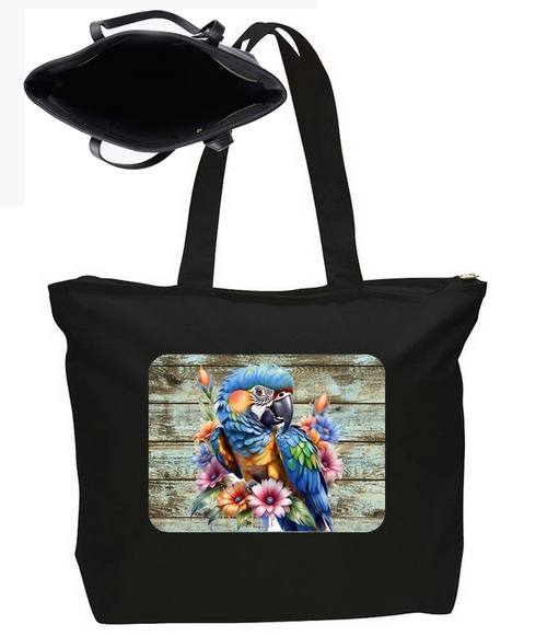 Colorful Parrot Bird & Flowers Large New Zipper Tote Bag