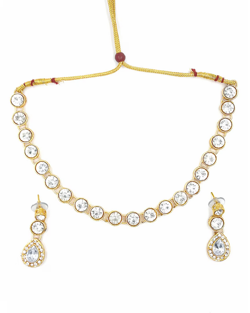 Gold-Plated Transparent Stone-Studded Necklace & Earrings Set