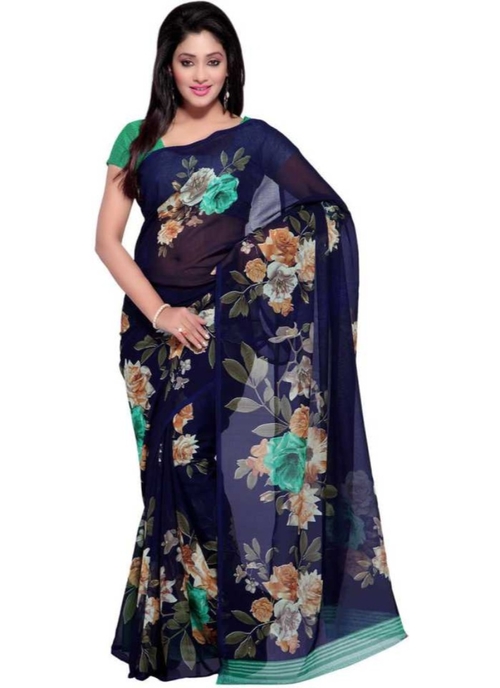 Printed Faux Georgette Blue Color Saree