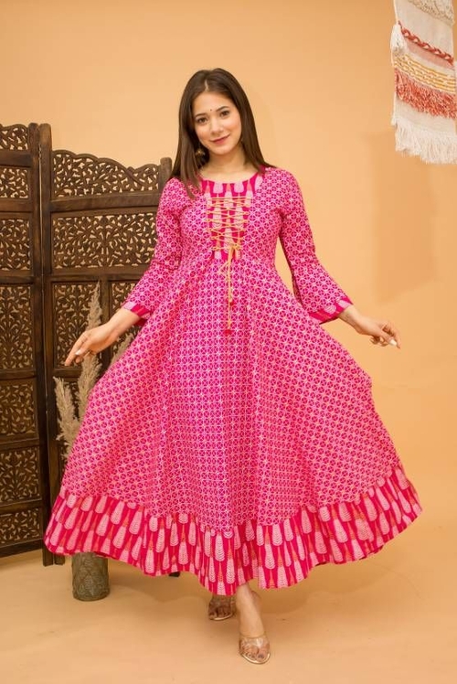 Women Printed Viscose Rayon Gown Flared Kurta SIZE-2XL COLOR-PINK