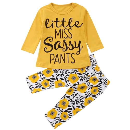 2PCS Tops And Pants Yellow O Neck Baby Girl Set