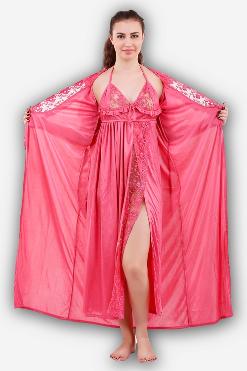 Romaisa Women's Satin Solid Pink Maxi Length Nighty with Robe