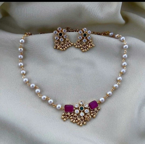 Gold plated cz matte finish beaded necklace set for daily use